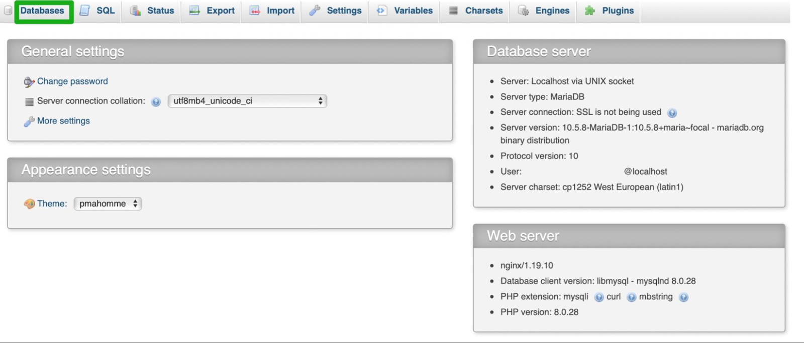 selezionando "Database" in phpMyAdmin