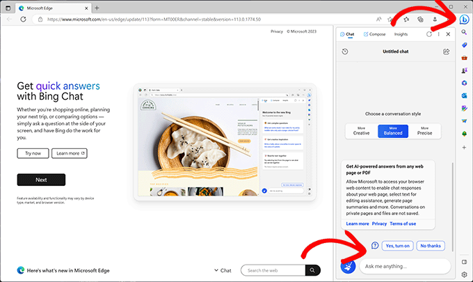 Chat Bing în bara laterală pe Microsoft Edge Bing chat in sidebar on Microsoft Edge