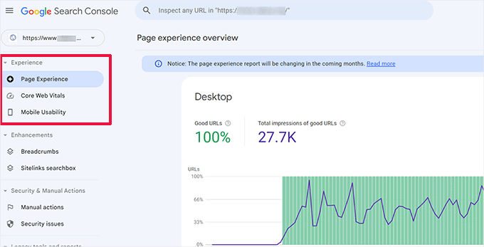 Google Search Consoleのユーザーエクスペリエンスセクション User experience section under Google Search Console