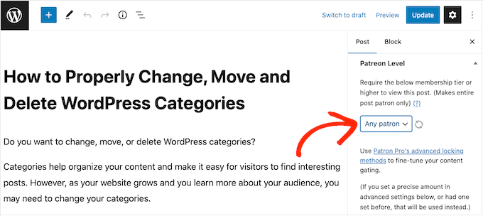 Limitazione dei contenuti in base ai livelli di Patreon nell'editor di post e pagine di WordPress Restricting content based on Patreon levels in the WordPress post and page editor