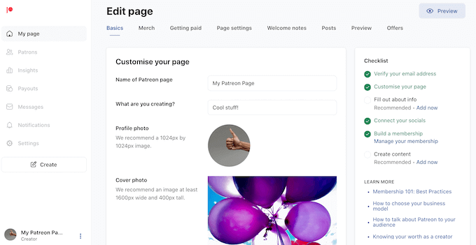Come creare una pagina Patreon utilizzando gli strumenti integrati How to create a Patreon page using the built-in tools