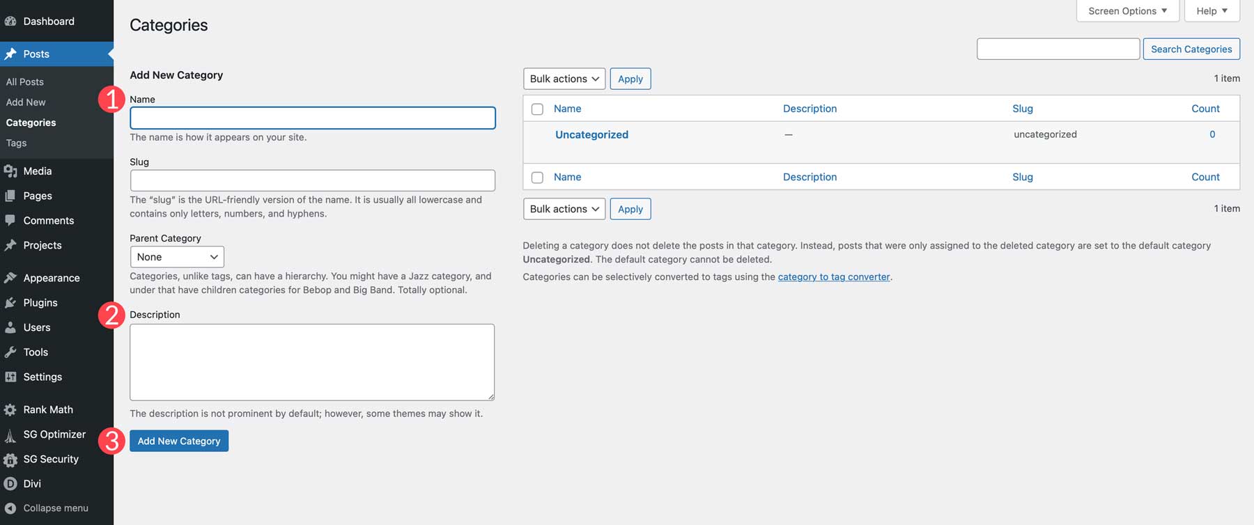 WordPress 카테고리 이름 지정