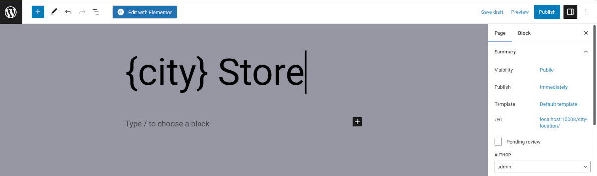 снимок экрана редактора страниц WordPress с заголовком {city} Store