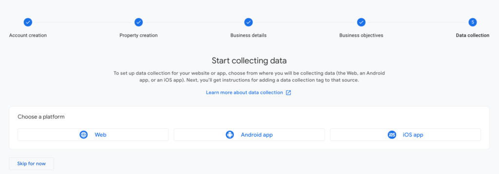 Una captura de pantalla de la configuración de la cuenta de Google Analytics 4