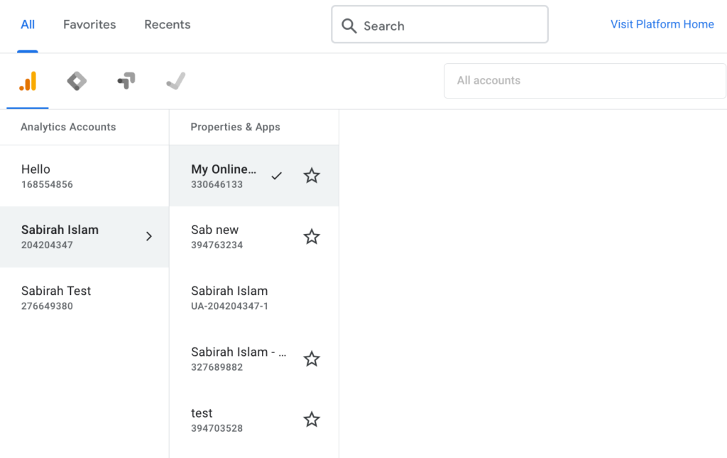 selección de cuenta de google analytics