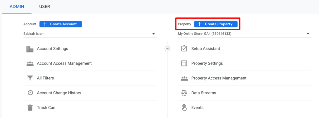 Una captura de pantalla para crear una nueva propiedad en Google Analytics 4