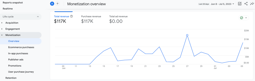 Una captura de pantalla de la descripción general de la monetización en GA4 eCommerce