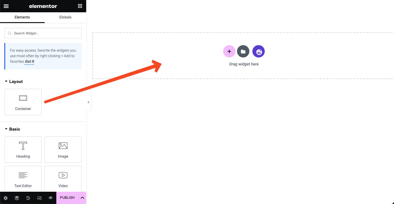 Jak korzystać z kontenera Elementor Flexbox krok po kroku 2 Drag and Drop the Flexbox Container on Elementor Canvas
