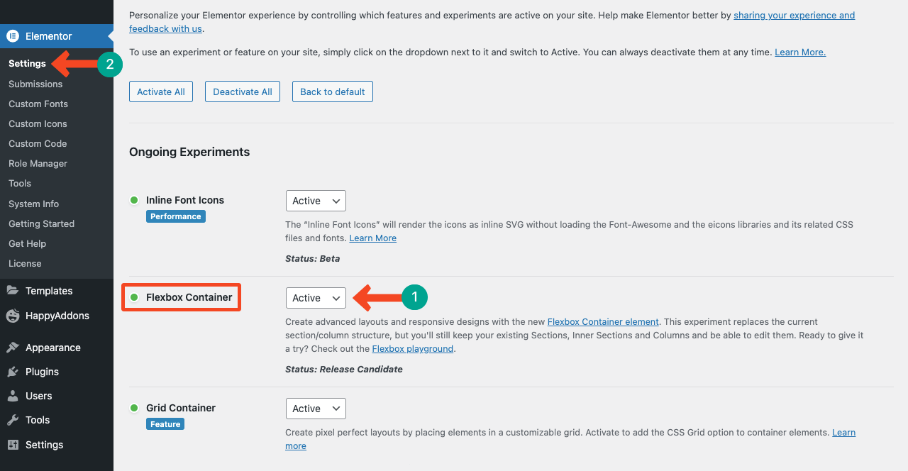 Jak korzystać z kontenera Elementor Flexbox krok po kroku 1 Activate the Flexbox Container in Elementor Settings