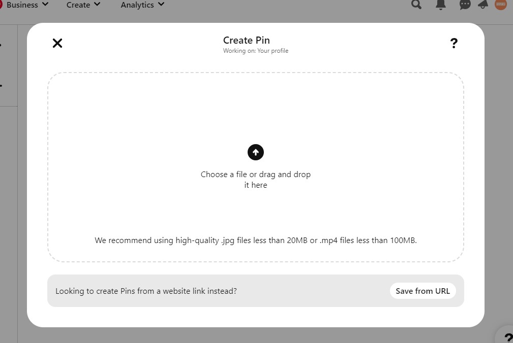 Seleziona Opzione per Crea pin Pinterest