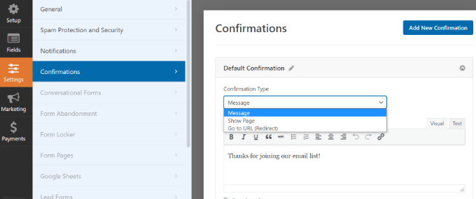 Formulir Mailchimp pengaturan konfirmasi Confirmation settings Mailchimp form