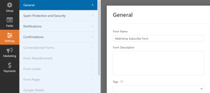 Pengaturan formulir umum Mailchimp General form settings Mailchimp