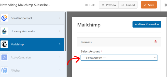 Pilih akun Mailchimp Anda Select your Mailchimp account