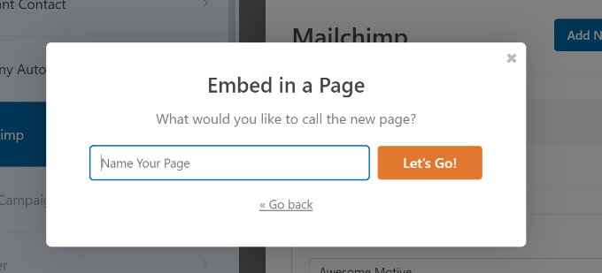 Masukkan nama untuk halaman penyematan formulir Enter name for form embed page