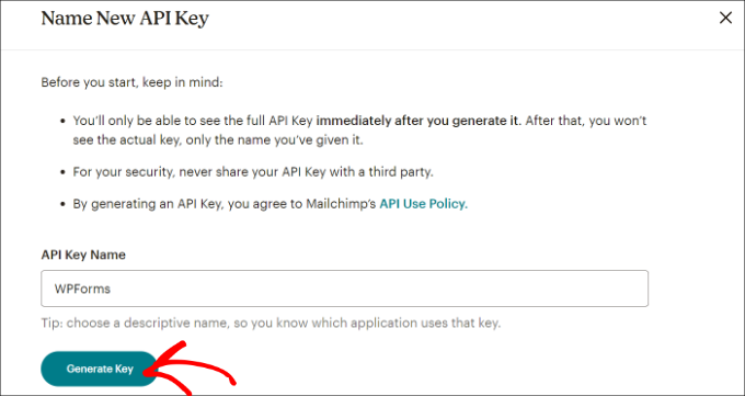 Masukkan nama untuk kunci API Enter a name for API key