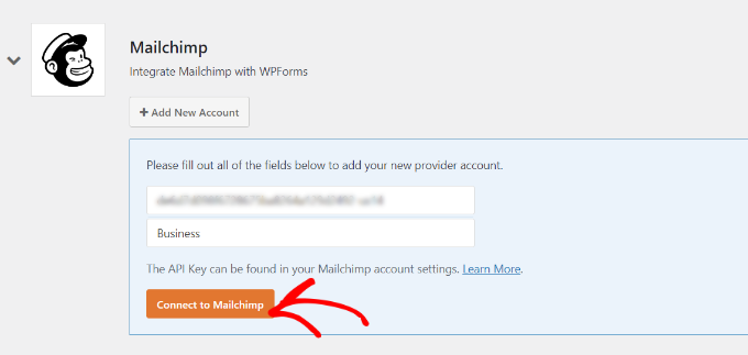 Masukkan kunci API Mailchimp Anda Enter your Mailchimp API key