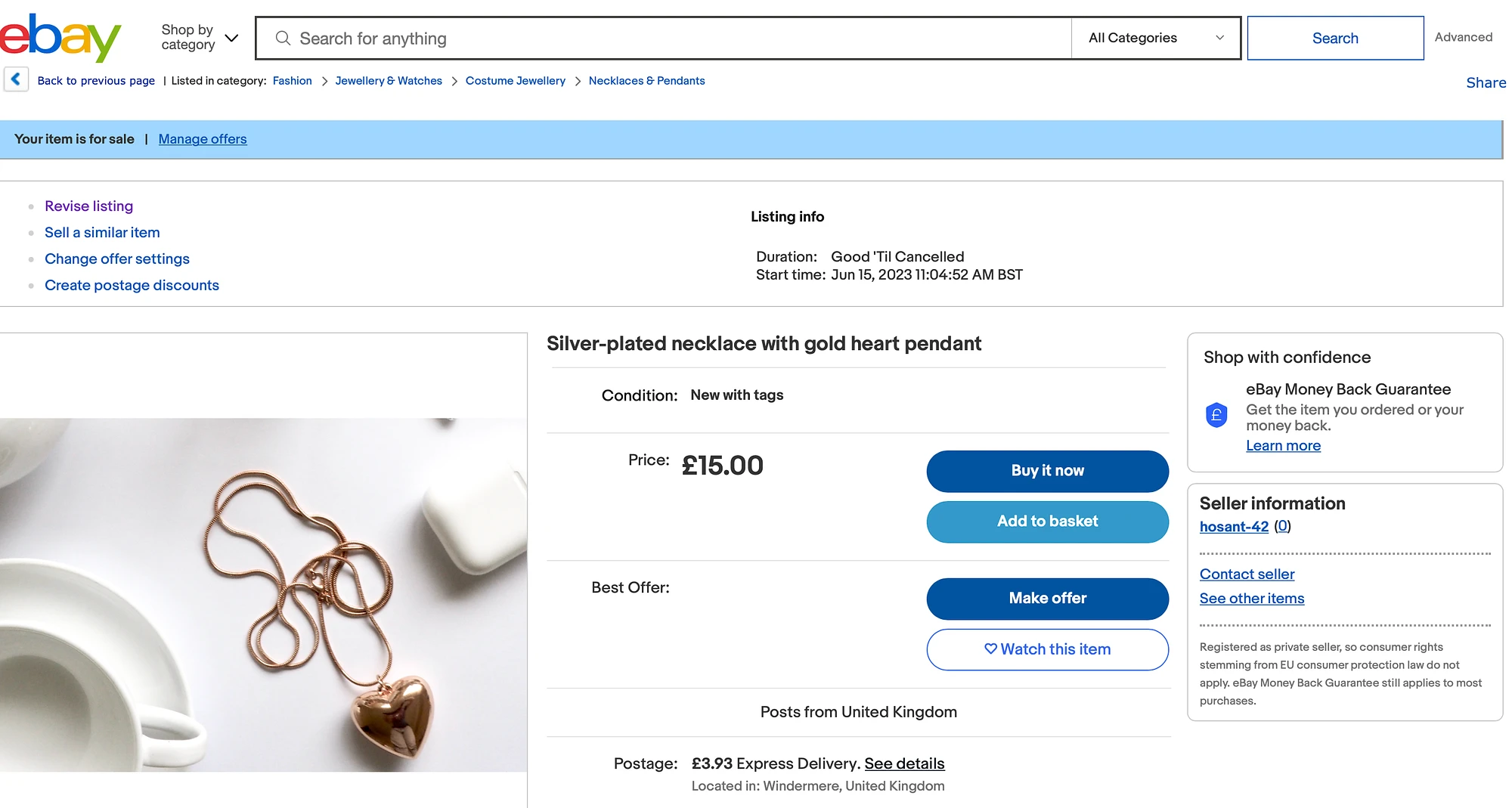 Exemplu de listare eBay de colier listat pentru 15 lire sterline.