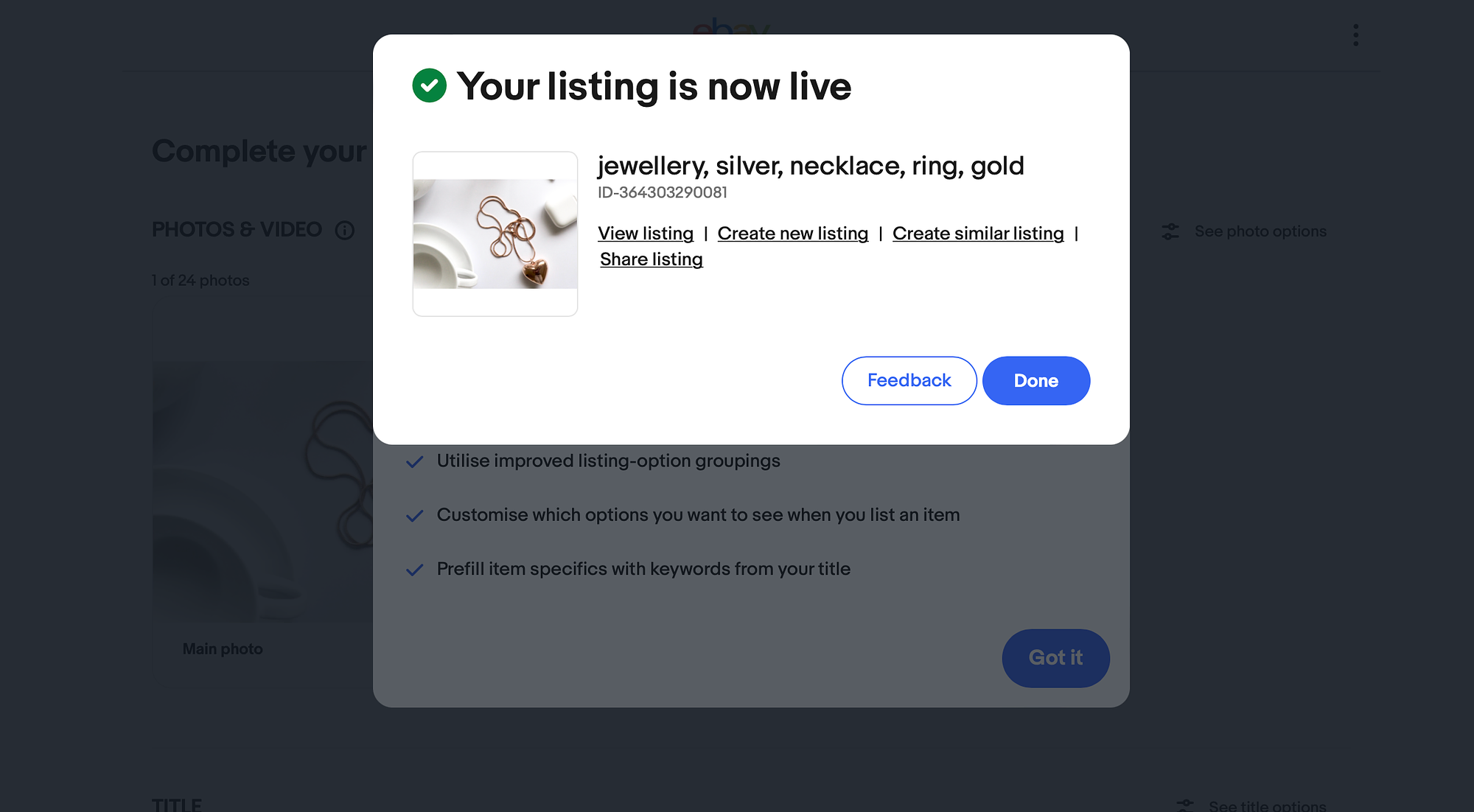 Ecranul „Înregistrarea dvs. este acum live” de la eBay pentru comparația eBay vs Etsy vs WooCommerce.
