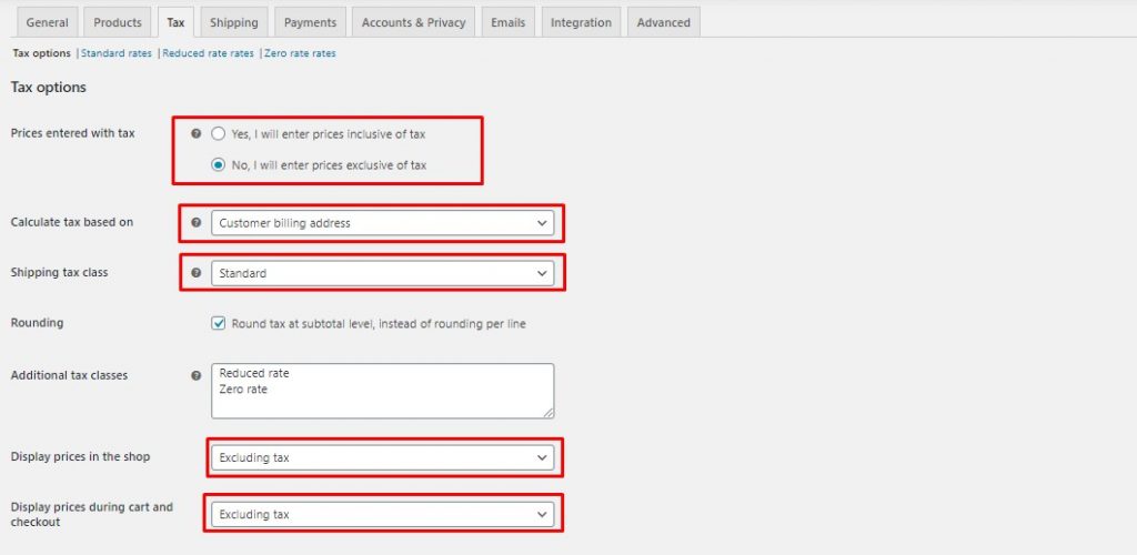 Esta é uma captura de tela das configurações de impostos do WooCommerce no back-end do WordPress