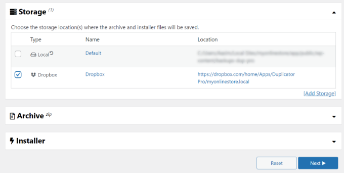 選擇 Dropbox 作為存儲選項 Select Dropbox as storage option