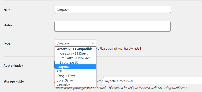 選擇 Dropbox 作為類型 Select Dropbox as type