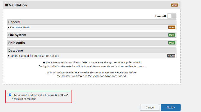 檢查驗證設置並接受條款 Check validation settings and accept terms