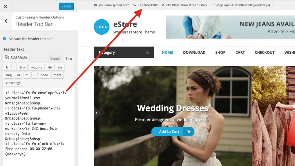 Und so sieht die Option 'Kopfzeilentext' im Anpassungsbildschirm aus.