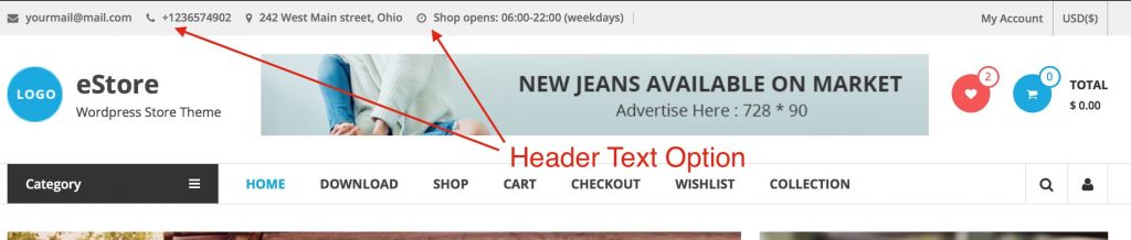 Kopfzeilentextoption, die verwendet wird, um einige Firmenkontaktinformationen mitzuteilen