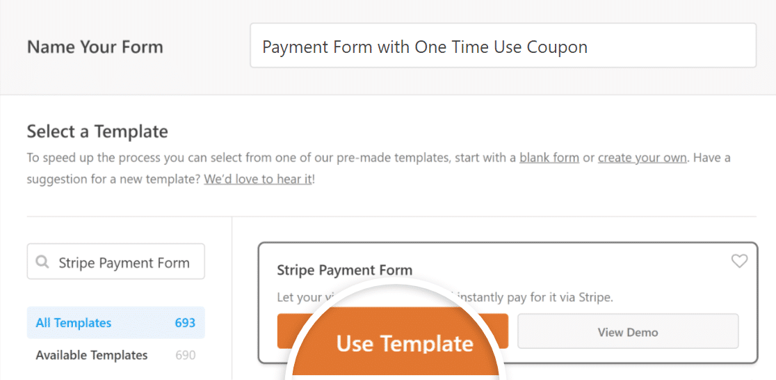 Select the Stripe Payment Form template