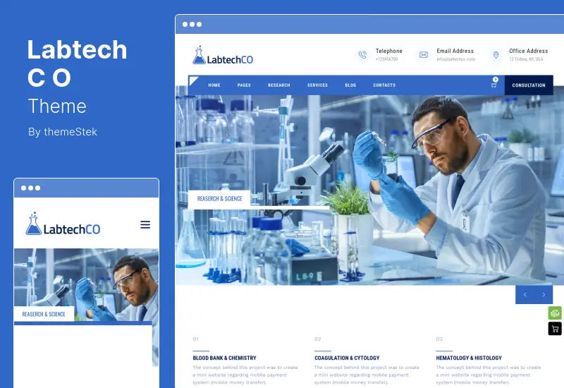 Tema LabtechCO - Tema WordPress pentru cercetare de laborator și știință