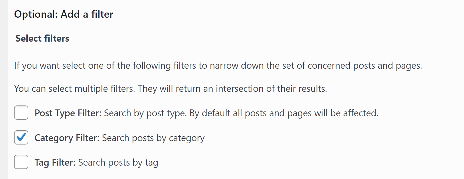 WordPress'te filtre seçin.