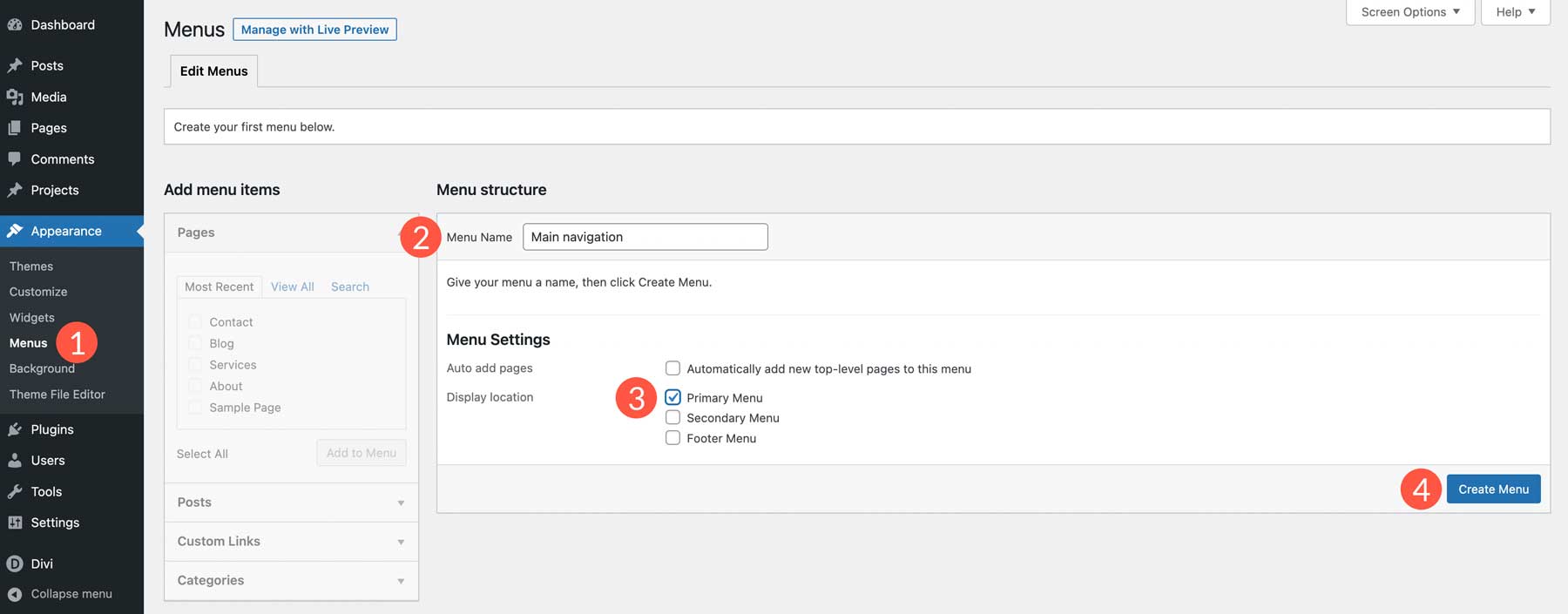 creare menu WordPress