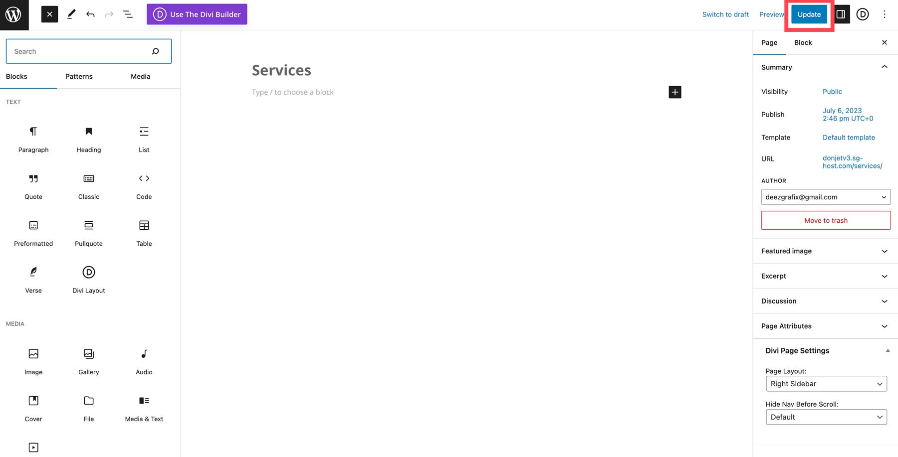 aggiornare la pagina WordPress