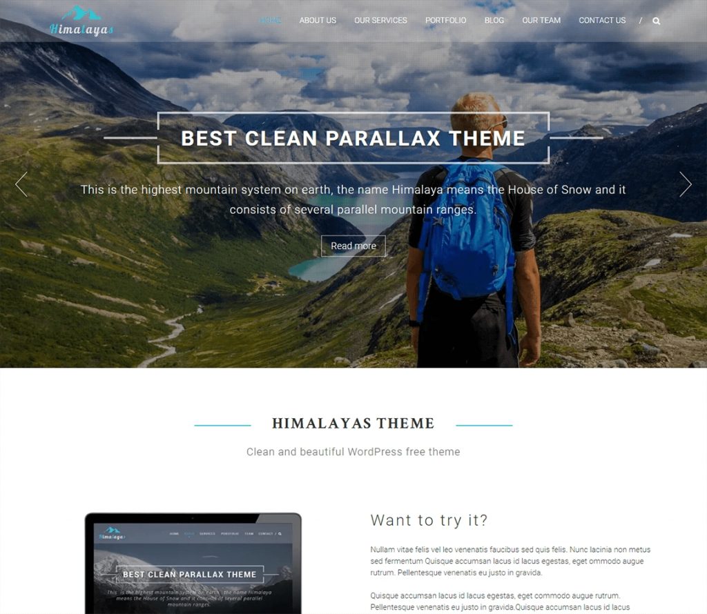 Himalayas bestes kostenloses WordPress-Business-Theme mit einseitigem Parallax-Design