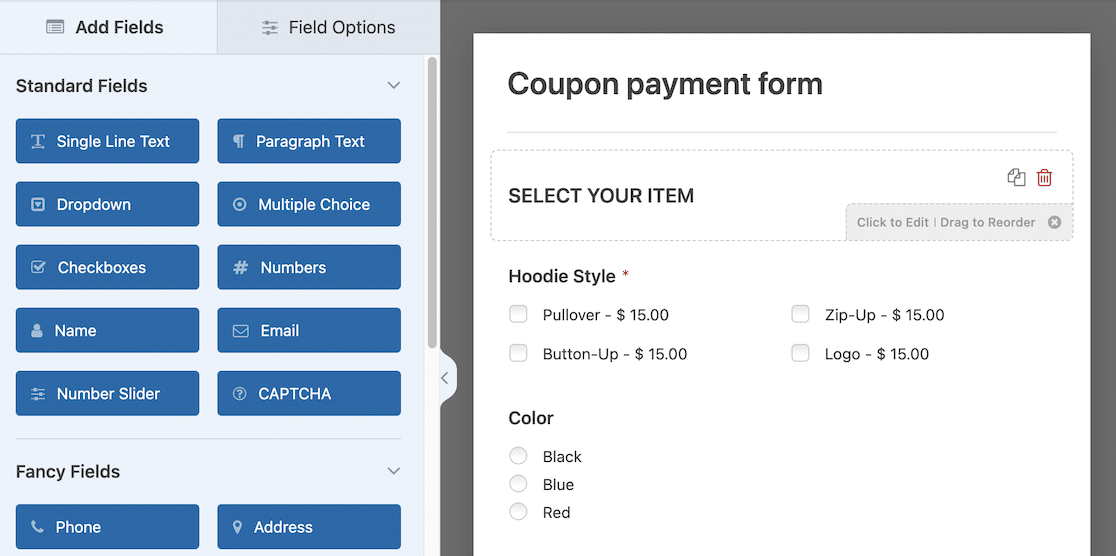 Edit coupon payment form in the form builder