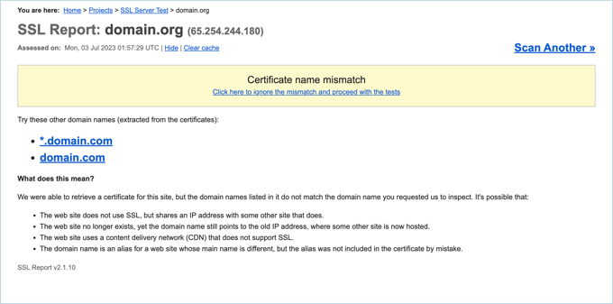 Errore di mancata corrispondenza del nome del certificato Certificate Name Mismatch Error