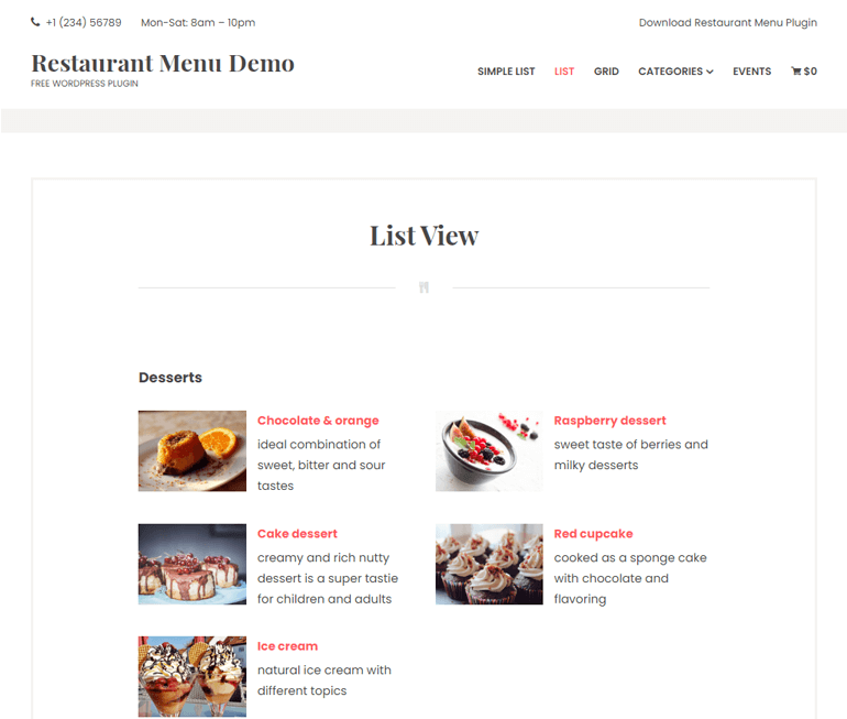 MotoPress Demo'dan Restoran Menüsü