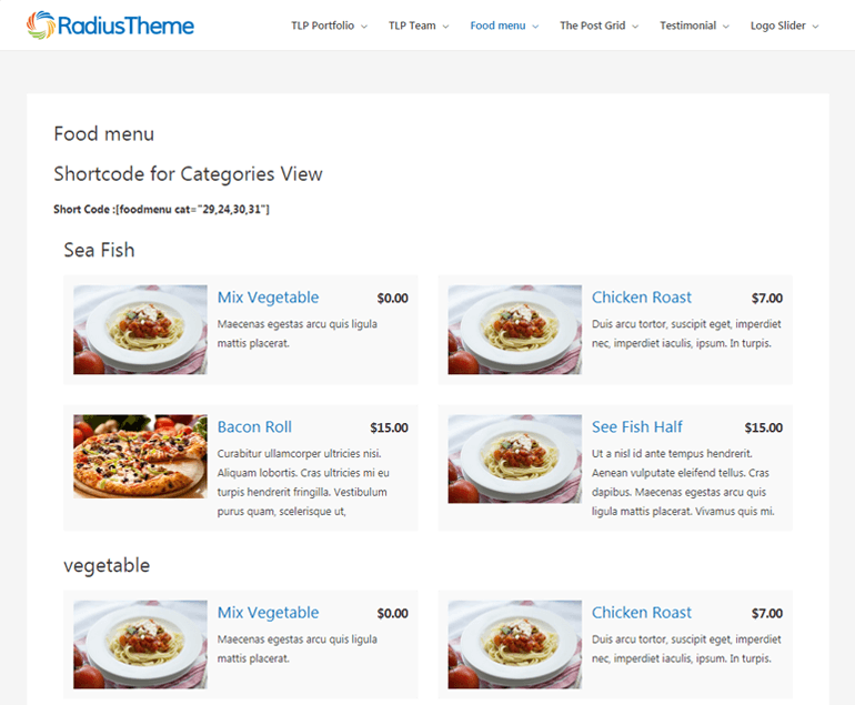 RadiusTheme Demo'dan Yemek Menüsü