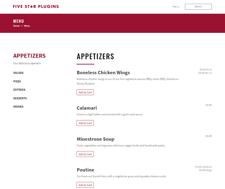 Beş Yıldızlı Restoran Menü Demosu