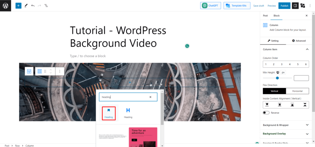 فيديو خلفية ووردبريس: أضفه بطريقتين مختلفتين 19 add heading block