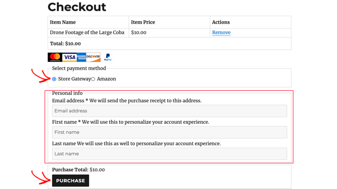 Selecione Store Gateway e clique no botão Comprar na página de checkout Select Store Gateway Then Click the Purchase Button on the Checkout Page