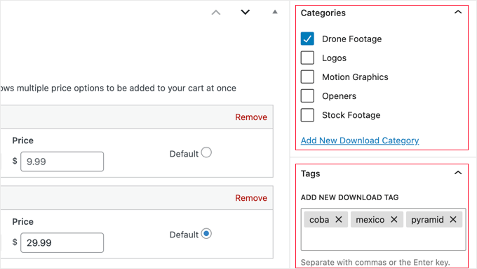 Adicionando categorias e tags a um produto para download Adding Categories and Tags to a Downloadable Product