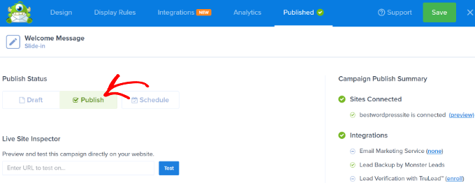 Опубликуйте свой выбор Publish the welcome screen campaign