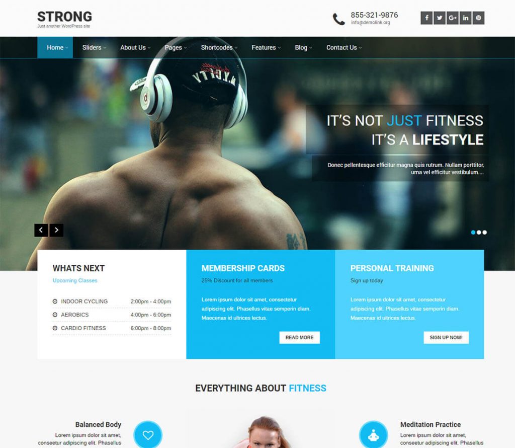 Güçlü Tema ücretsiz wordpress fitness şablonu.