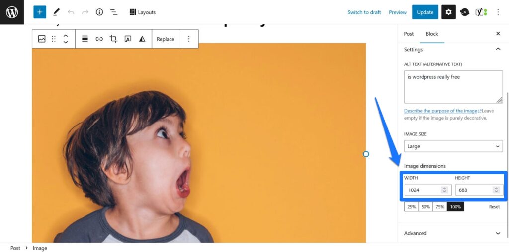 tetapkan tinggi dan lebar ke gambar di editor wordpress