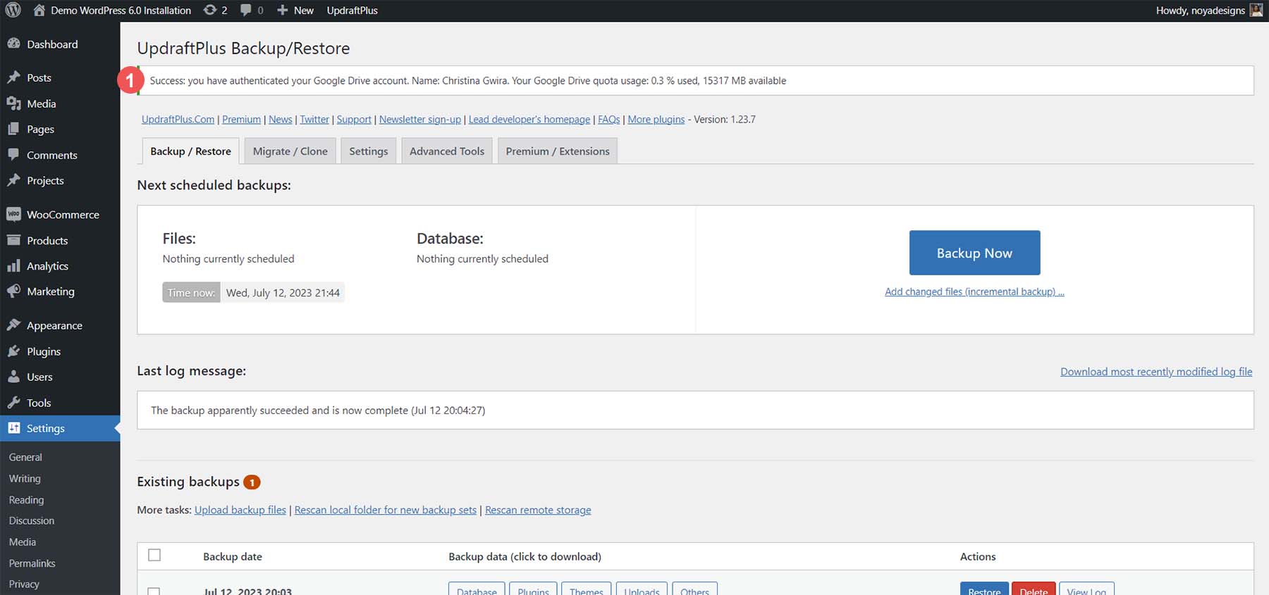 Notification de réussite d'UpdraftPlus et Google Drive