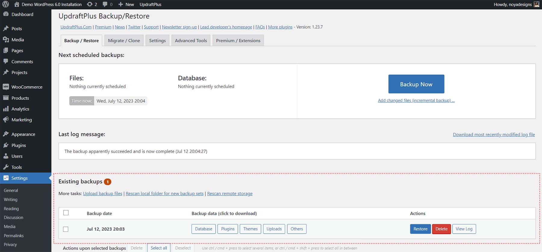 Une sauvegarde réussie dans UpdraftPlus