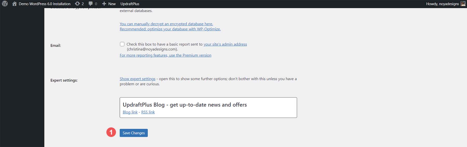 Enregistrer les modifications sur la page des paramètres UpDraftPlus
