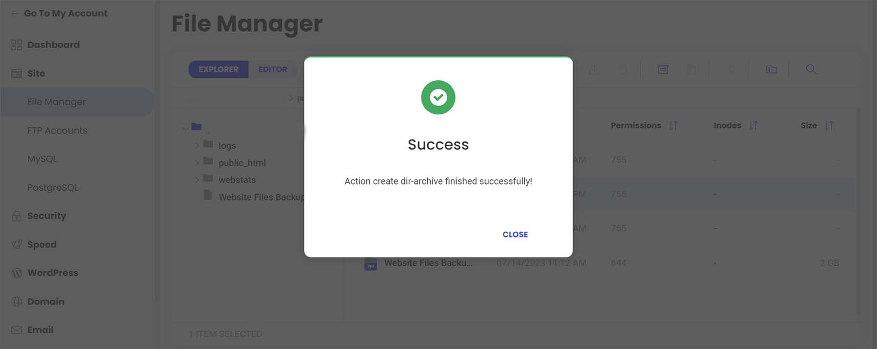 Archive créée avec succès dans le gestionnaire de fichiers de Siteground