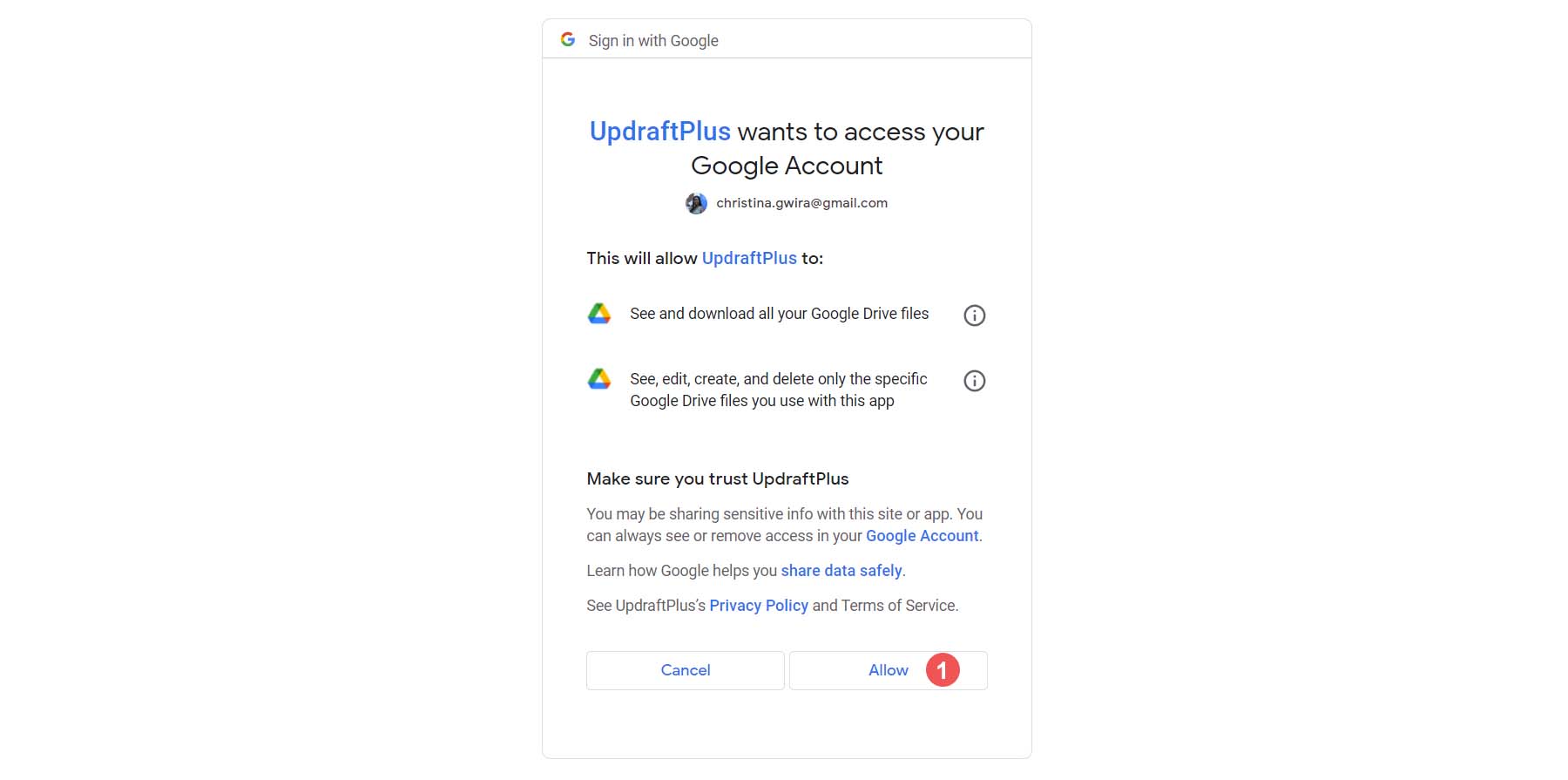Autoriser l'accès UpdraftPlus à votre compte Google